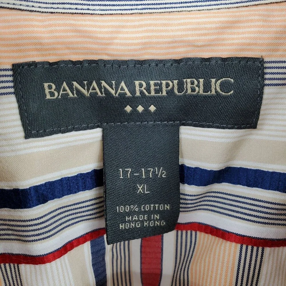 Banana Republic Orange and Red‎ Striped Men's Collared Dress Shirt XL 17 - 17.5